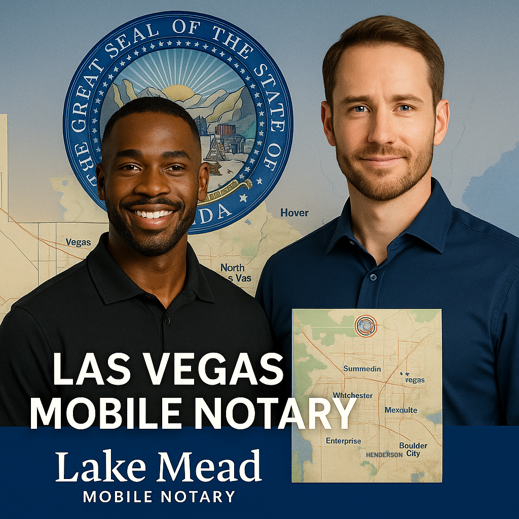 Two male notaries with Nevada seal and Clark County map, promoting Lake Mead Mobile Notary's Las Vegas service coverage.