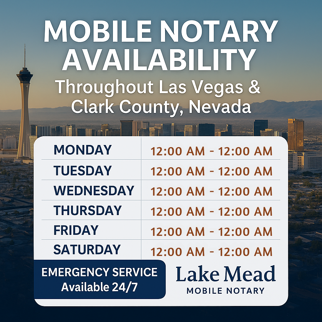 Availability schedule showing mobile notary hours and emergency service options across Las Vegas and Clark County.