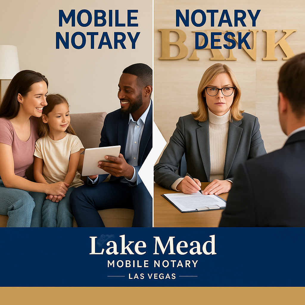 Split-screen of mobile notary visiting a family home vs. traditional notary at bank; Lake Mead Mobile Notary branding.