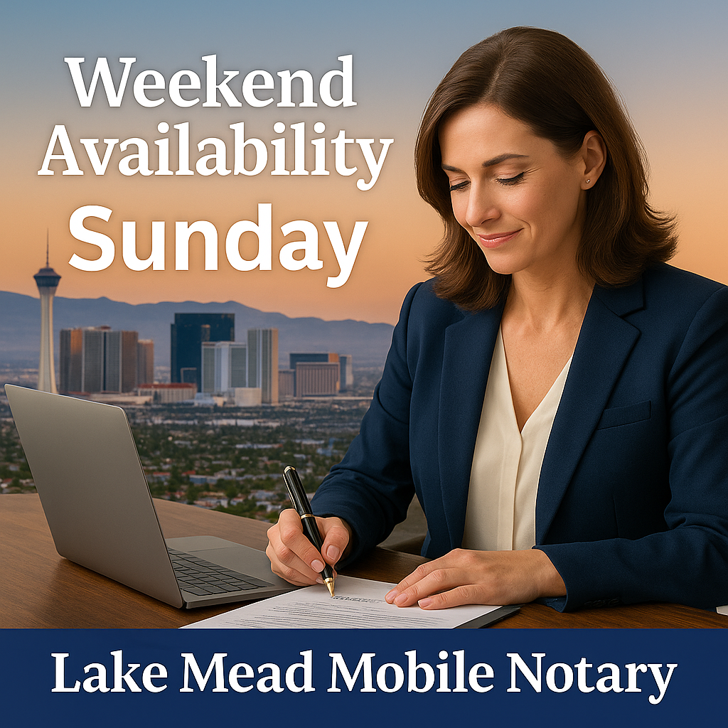Businesswoman notarizing documents with Las Vegas skyline, promoting Lake Mead Mobile Notary Sunday availability.