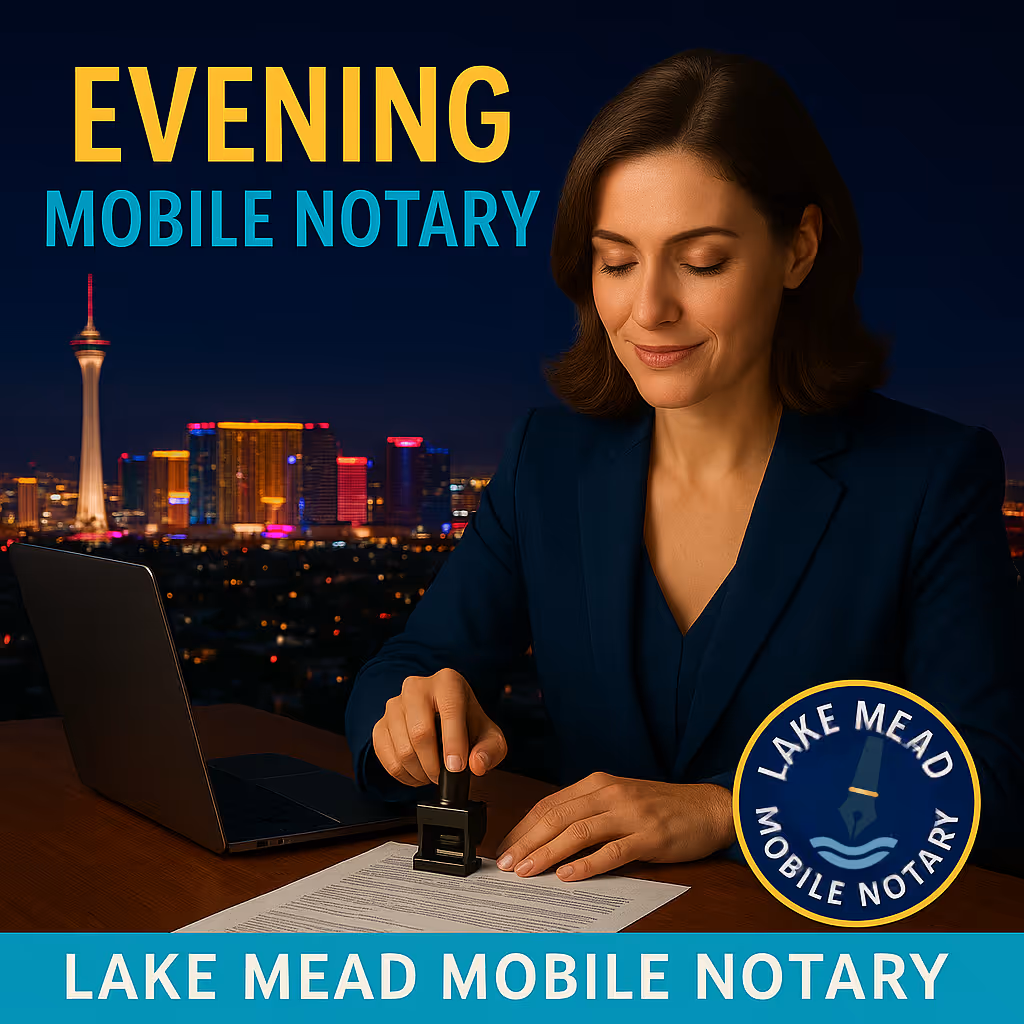 Evening mobile notary in Las Vegas stamping documents with city skyline and Lake Mead Mobile Notary branding.