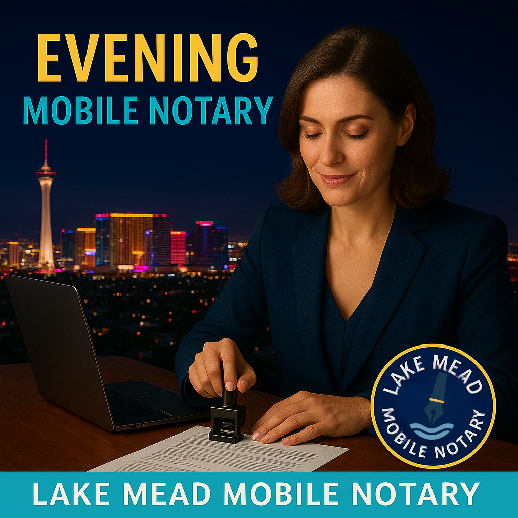 Evening mobile notary in Las Vegas stamping documents with city skyline and Lake Mead Mobile Notary branding.