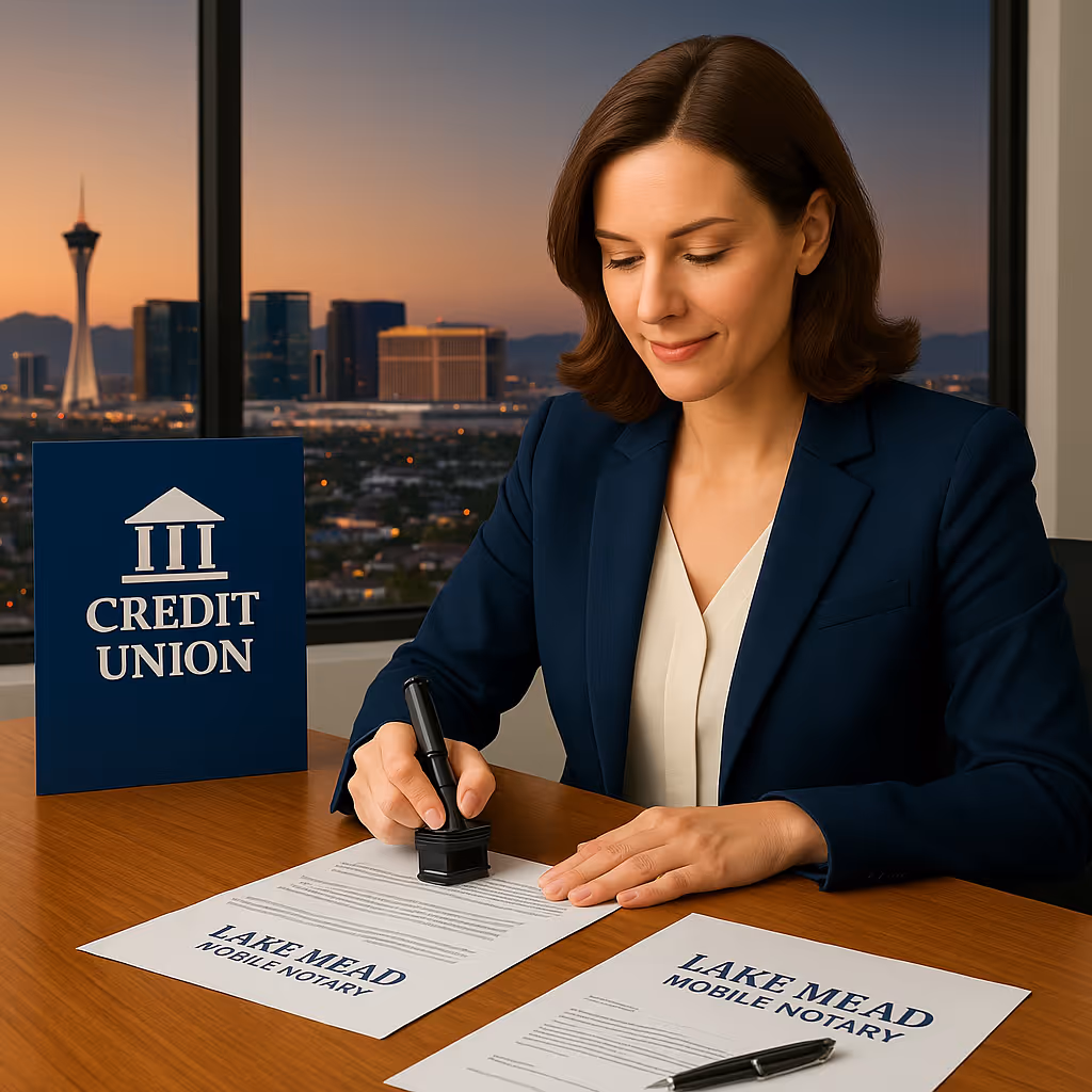 Mobile notary at Las Vegas credit union signing Lake Mead Mobile Notary documents with city skyline view.