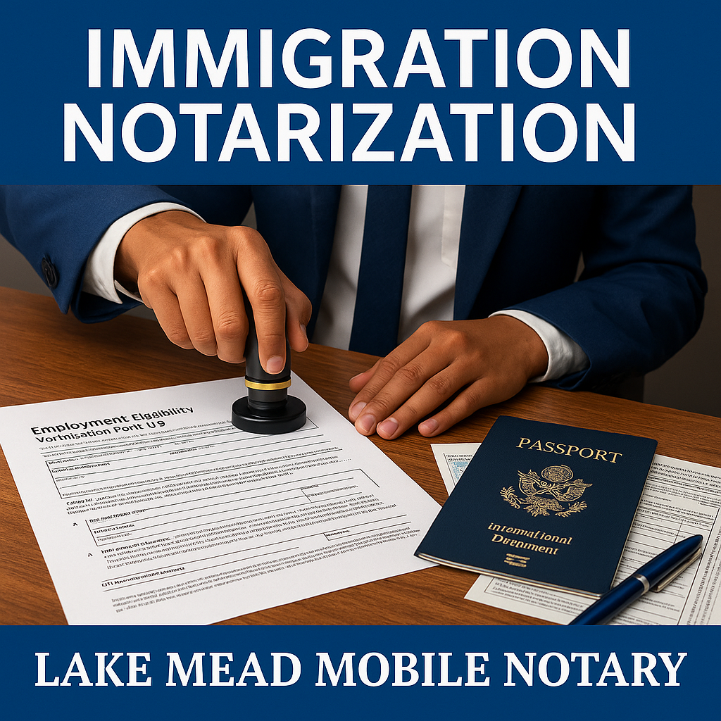 Immigration notarization in Las Vegas with I-9 verification, passport, and documents branded Lake Mead Mobile Notary.
