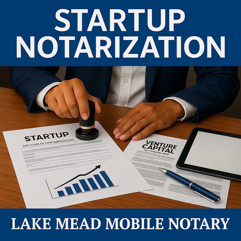 Startup notarization in Las Vegas with LLC formation and venture capital documents, branded Lake Mead Mobile Notary.