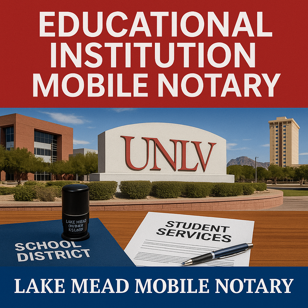 UNLV campus with school district and student services documents, showcasing Lake Mead Mobile Notary educational support.