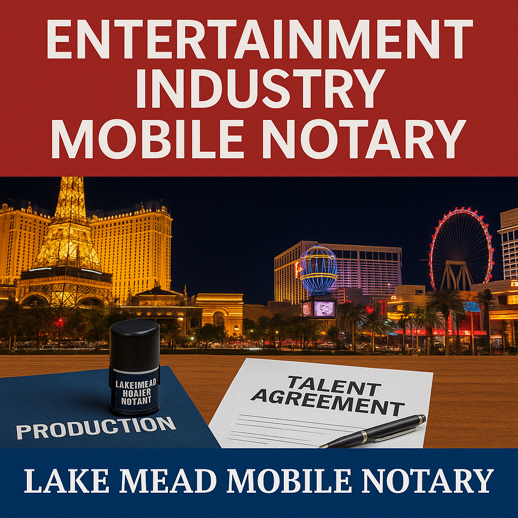 Entertainment industry mobile notary with Las Vegas Strip backdrop, talent agreement, production folder, and Lake Mead Mobile Notary branding.