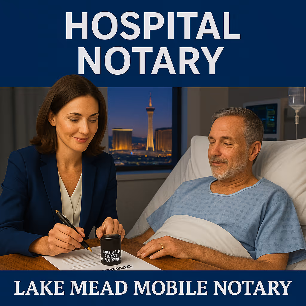Hospital notary in Las Vegas assisting bedside patient with documents, Lake Mead Mobile Notary branding visible.