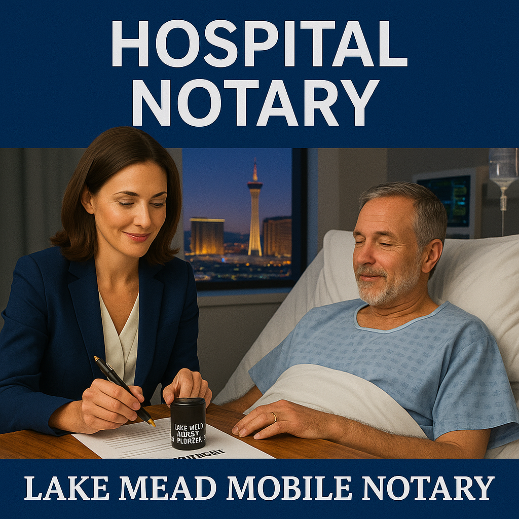 Hospital notary in Las Vegas assisting bedside patient with documents, Lake Mead Mobile Notary branding visible.
