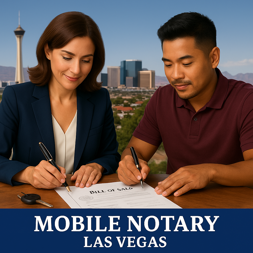 Mobile notary in Las Vegas finalizing bill of sale with client, vehicle keys on table, city skyline in background.