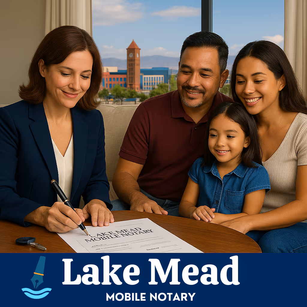 Henderson family meets mobile notary at home; Water Street District skyline, Lake Mead Mobile Notary paperwork.