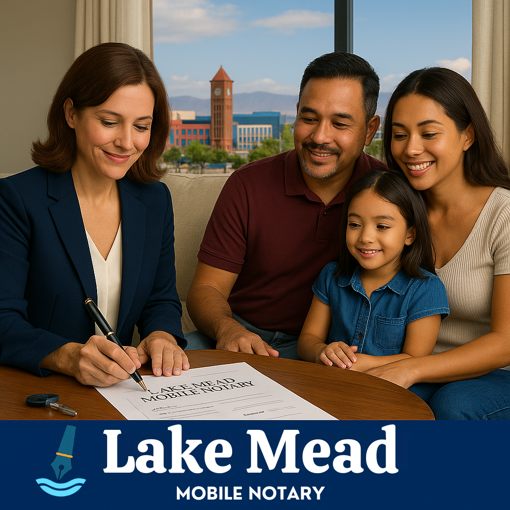 Henderson family meets mobile notary at home; Water Street District skyline, Lake Mead Mobile Notary paperwork.