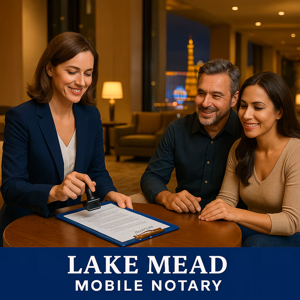 Traveling notary meets clients in Las Vegas Strip hotel lobby with clipboard and stamp; Lake Mead Mobile Notary branding.