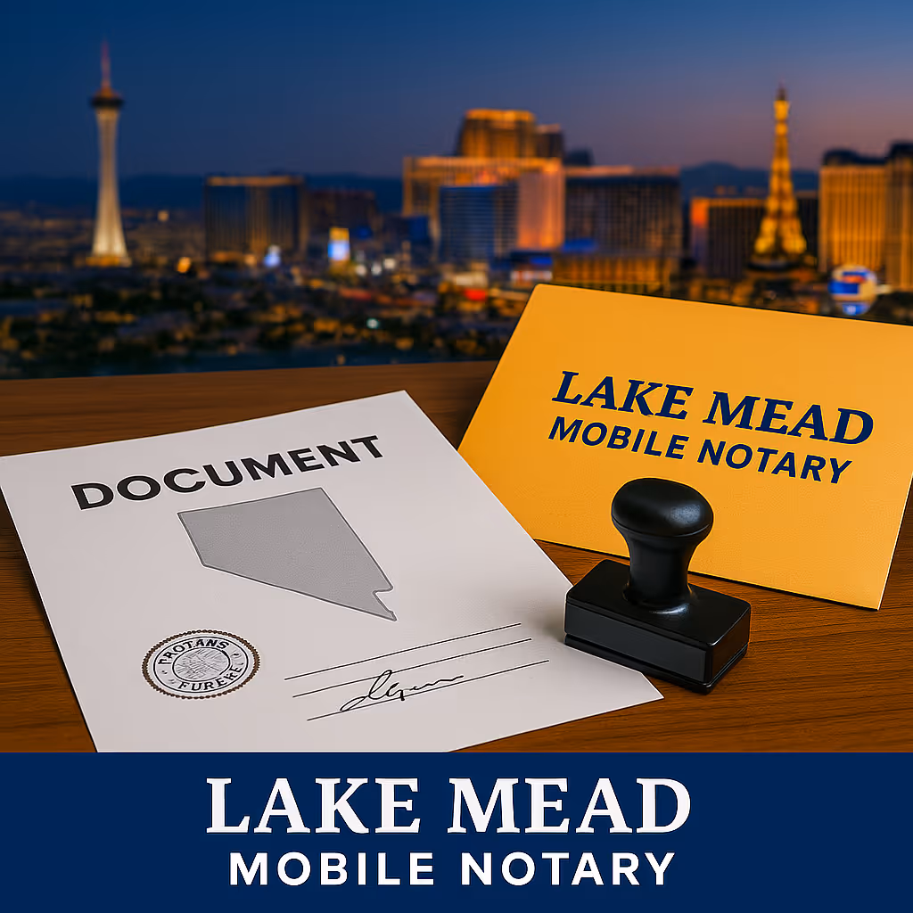 Nevada document with notary stamp and courier mailer on table, Las Vegas skyline backdrop, Lake Mead Mobile Notary branding.