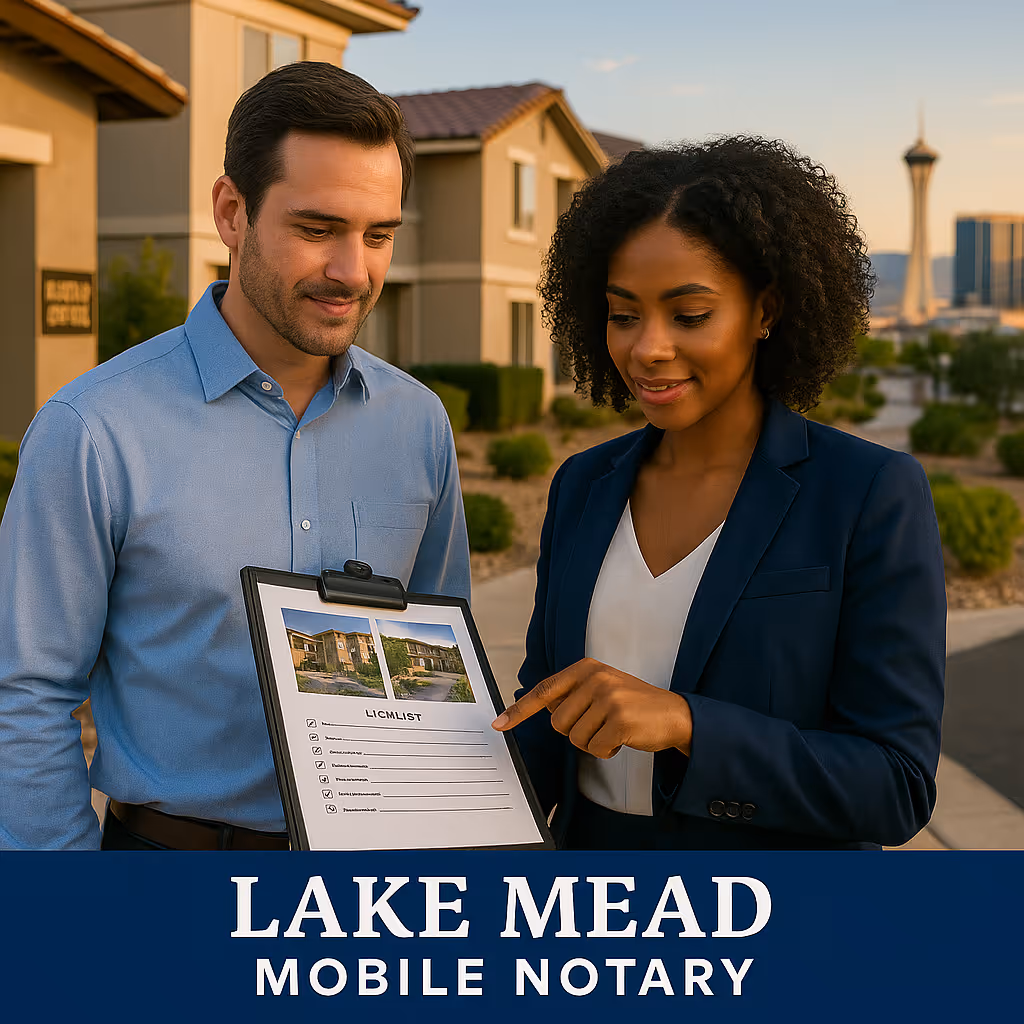 Property manager and field inspector review checklist in Las Vegas apartment community; Lake Mead Mobile Notary branding.