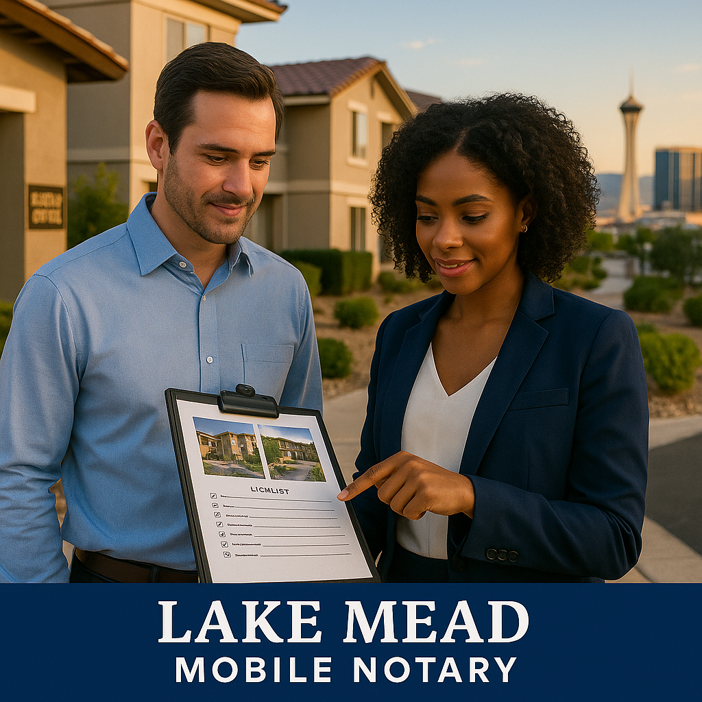 Property manager and field inspector review checklist in Las Vegas apartment community; Lake Mead Mobile Notary branding.