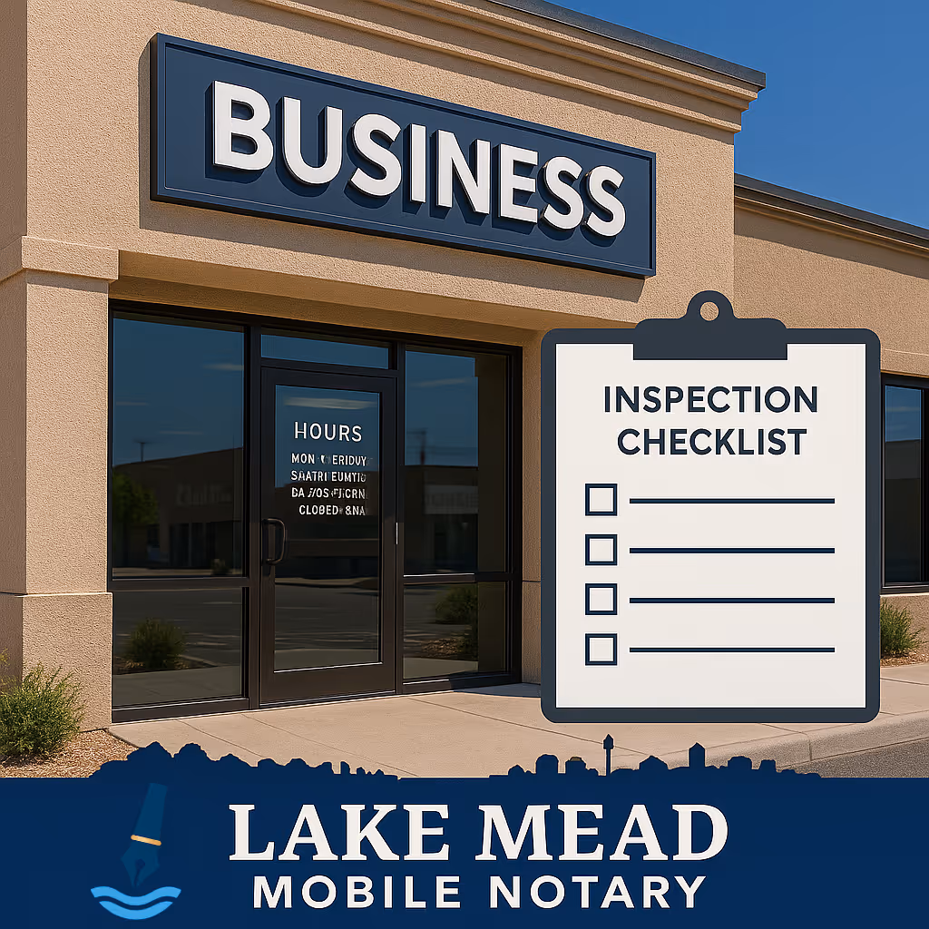 Street-level photo of Clark County business storefront with posted hours and inspection checklist overlay, Lake Mead Mobile Notary branding.