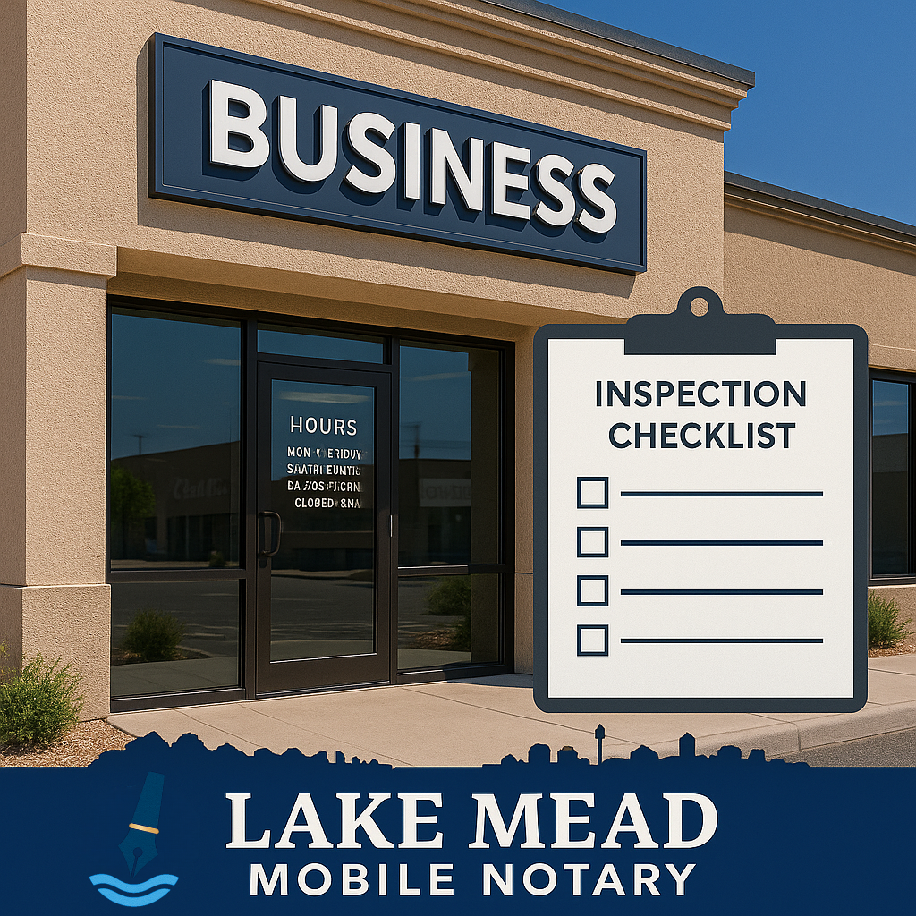 Street-level photo of Clark County business storefront with posted hours and inspection checklist overlay, Lake Mead Mobile Notary branding.