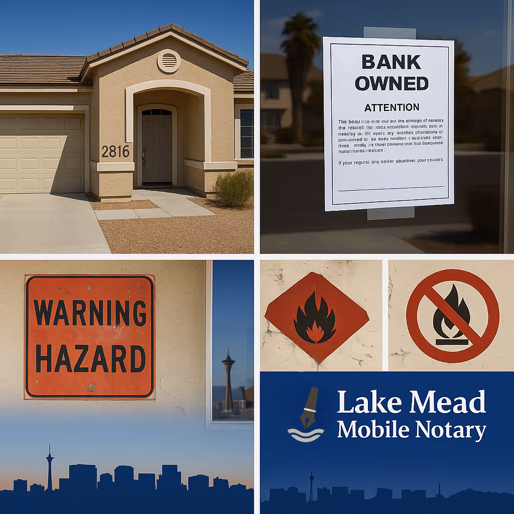 Bank-owned property inspection collage: address, notice, hazard signs, Las Vegas skyline, Lake Mead Mobile Notary branding.