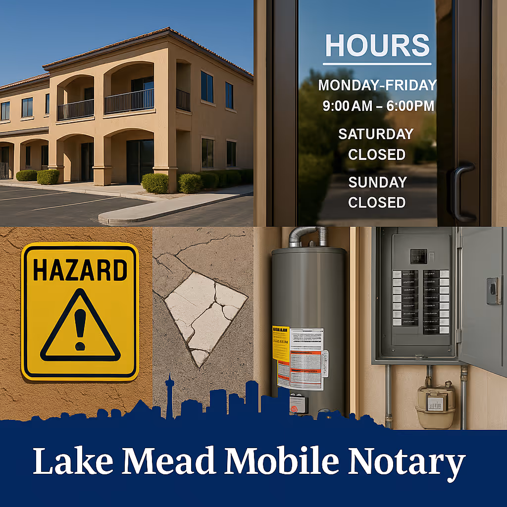 Collage: exterior, posted hours, hazard sign, cracked pavement, utilities; Las Vegas skyline and Lake Mead Mobile Notary.