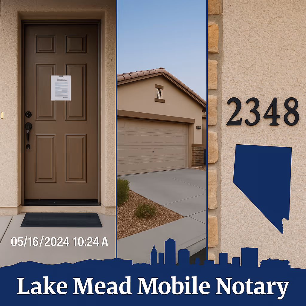 Door posting with timestamp, exterior elevation, and address 2348; Clark County map accent and Lake Mead Mobile Notary branding.