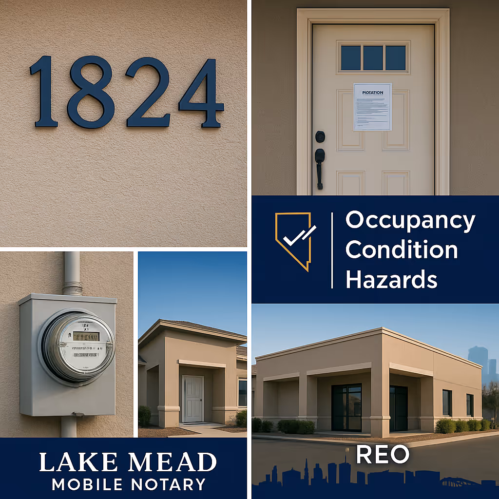 Collage: address 1824, posted door, utility meter, wide facade; “REO | Occupancy | Condition | Hazards” with Lake Mead Mobile Notary branding.