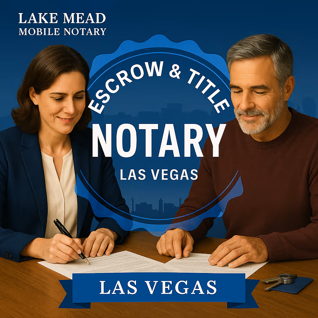 Escrow officer and client reviewing closing docs; notary seal and Escrow & Title – Las Vegas ribbon, Lake Mead Mobile Notary.