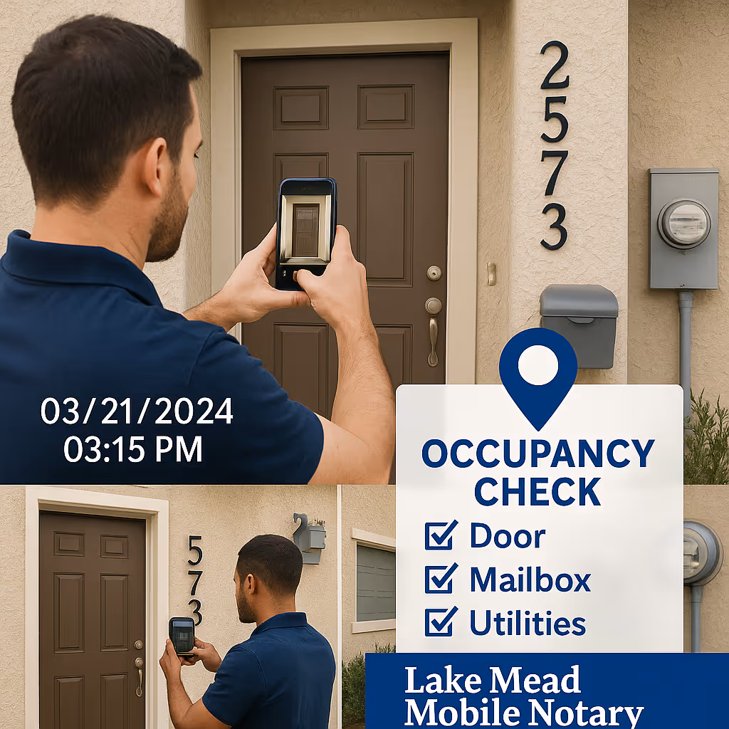 Inspector takes timestamped photos of front door and mailbox for occupancy check; checklist overlay; Lake Mead Mobile Notary branding.