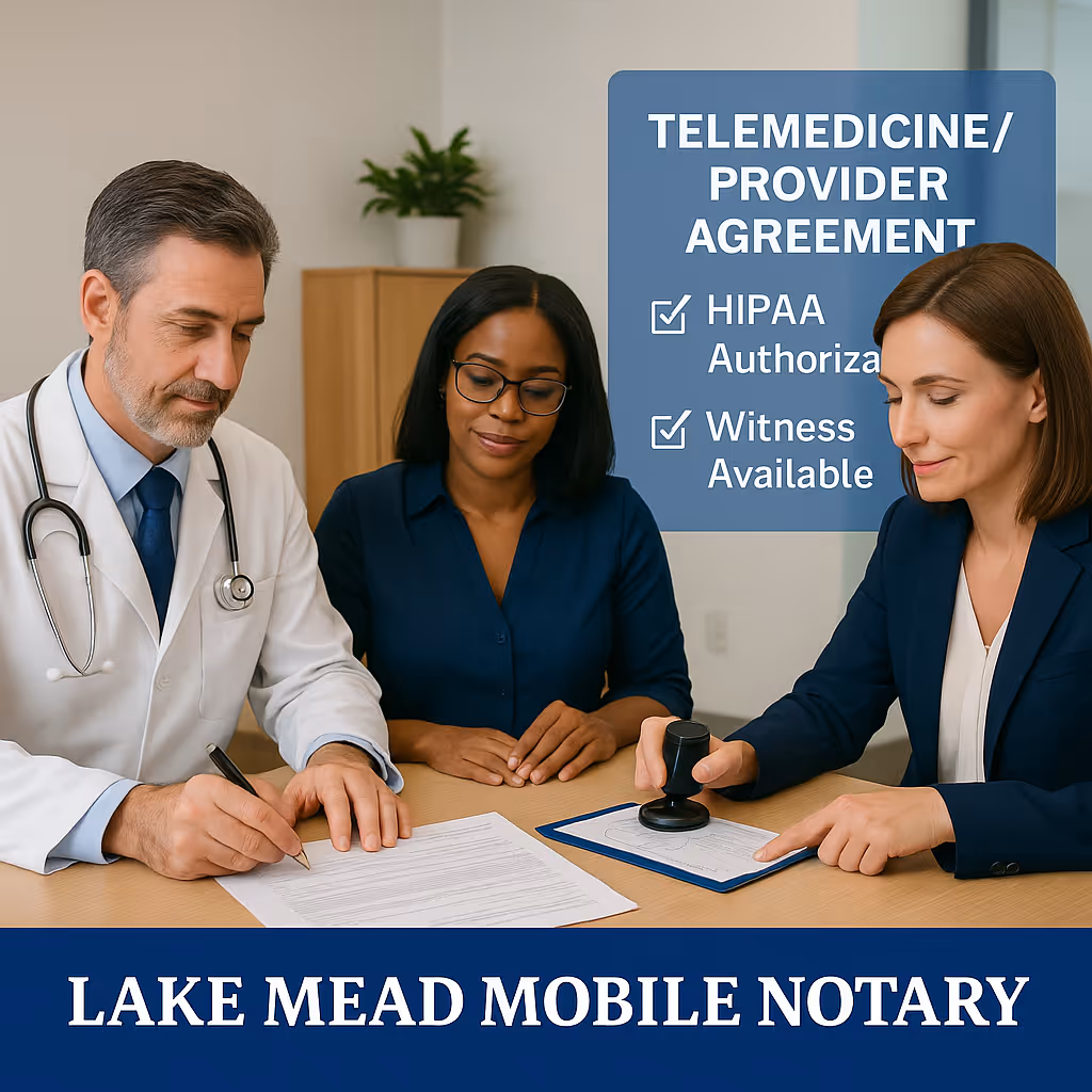 Physician and admin sign telemedicine agreement with mobile notary; HIPAA auth & witness checklist, Lake Mead Mobile Notary.