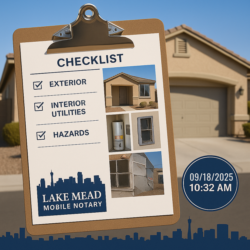 Clipboard checklist with exterior, interior utilities, and hazards photos; timestamp badge; Las Vegas home; Lake Mead Mobile Notary branding.
