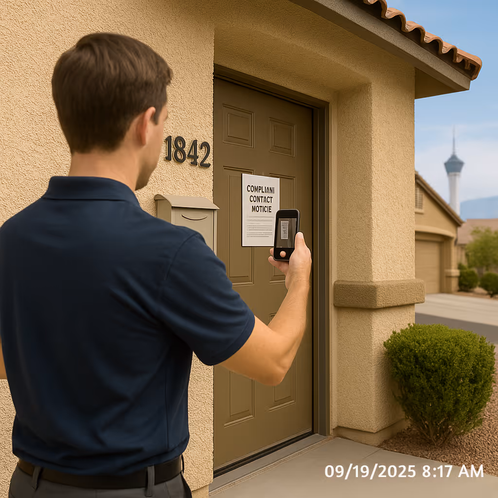 Field agent takes timestamped photo of compliant contact notice at Las Vegas home doorway; Stratosphere in background.