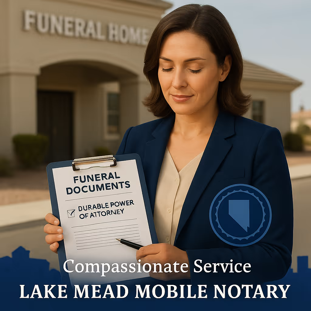 Mobile notary holding funeral documents and power of attorney at Las Vegas funeral home; Lake Mead Mobile Notary branding.