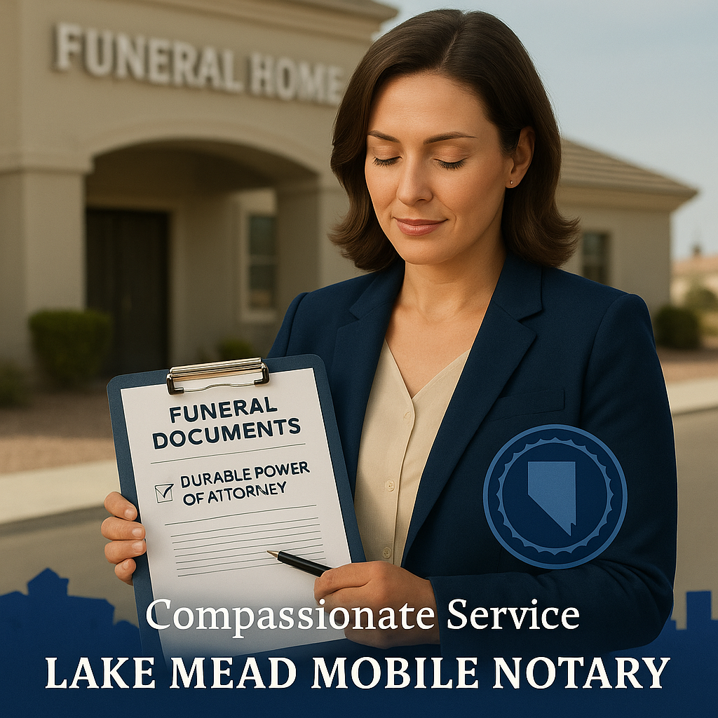 Mobile notary holding funeral documents and power of attorney at Las Vegas funeral home; Lake Mead Mobile Notary branding.