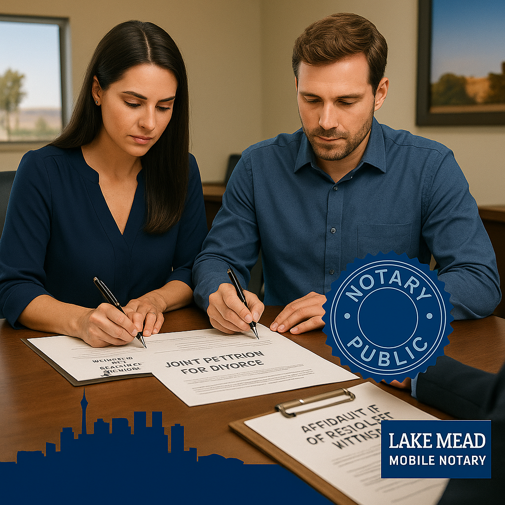 Spouses sign Nevada Joint Petition for Divorce; notary seal, Witness affidavit, Vegas skyline, Lake Mead Mobile Notary.
