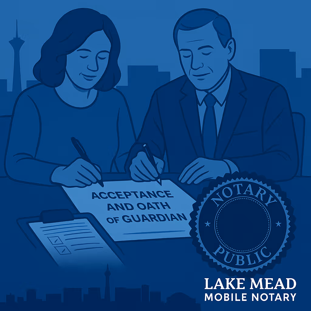 Guardian & relative sign Acceptance and Oath of Guardian; blue notary seal, Las Vegas skyline, Lake Mead Mobile Notary logo.