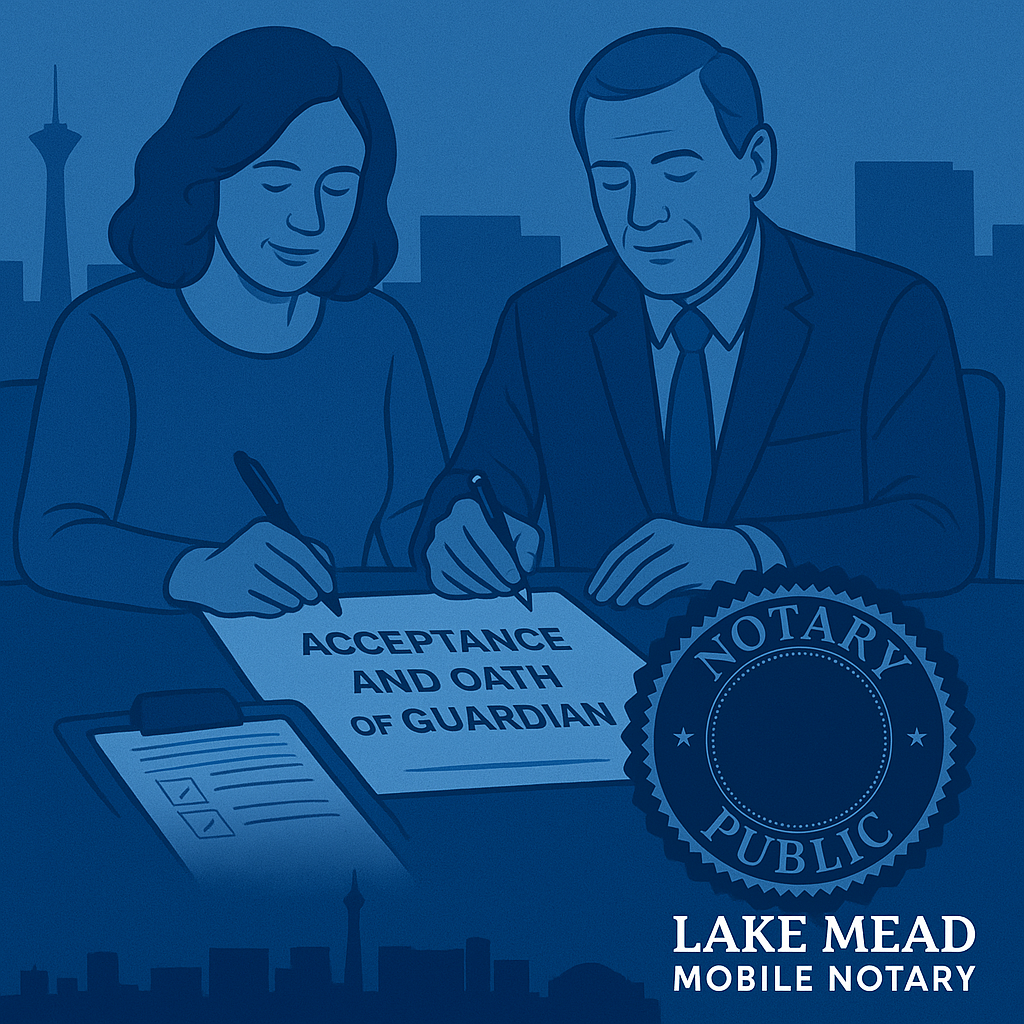 Guardian & relative sign Acceptance and Oath of Guardian; blue notary seal, Las Vegas skyline, Lake Mead Mobile Notary logo.
