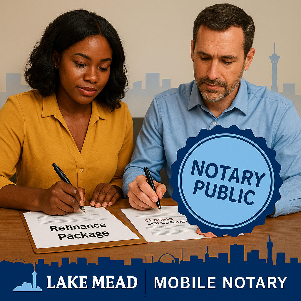 Couple signing refinance package and closing disclosure with blue notary seal; subtle Las Vegas skyline; Lake Mead Mobile Notary logo.