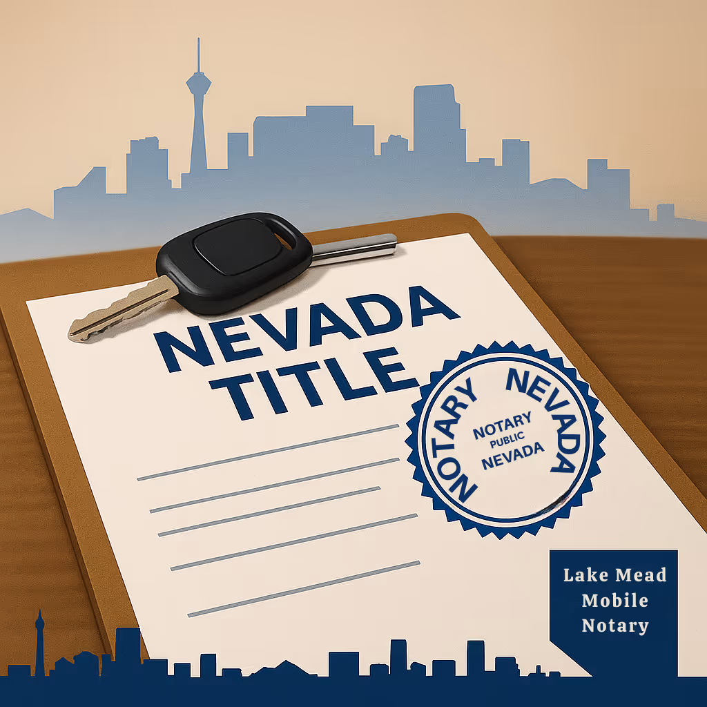 Nevada title document with car keys and blue notary seal; subtle Las Vegas skyline and Lake Mead Mobile Notary logo in corner.