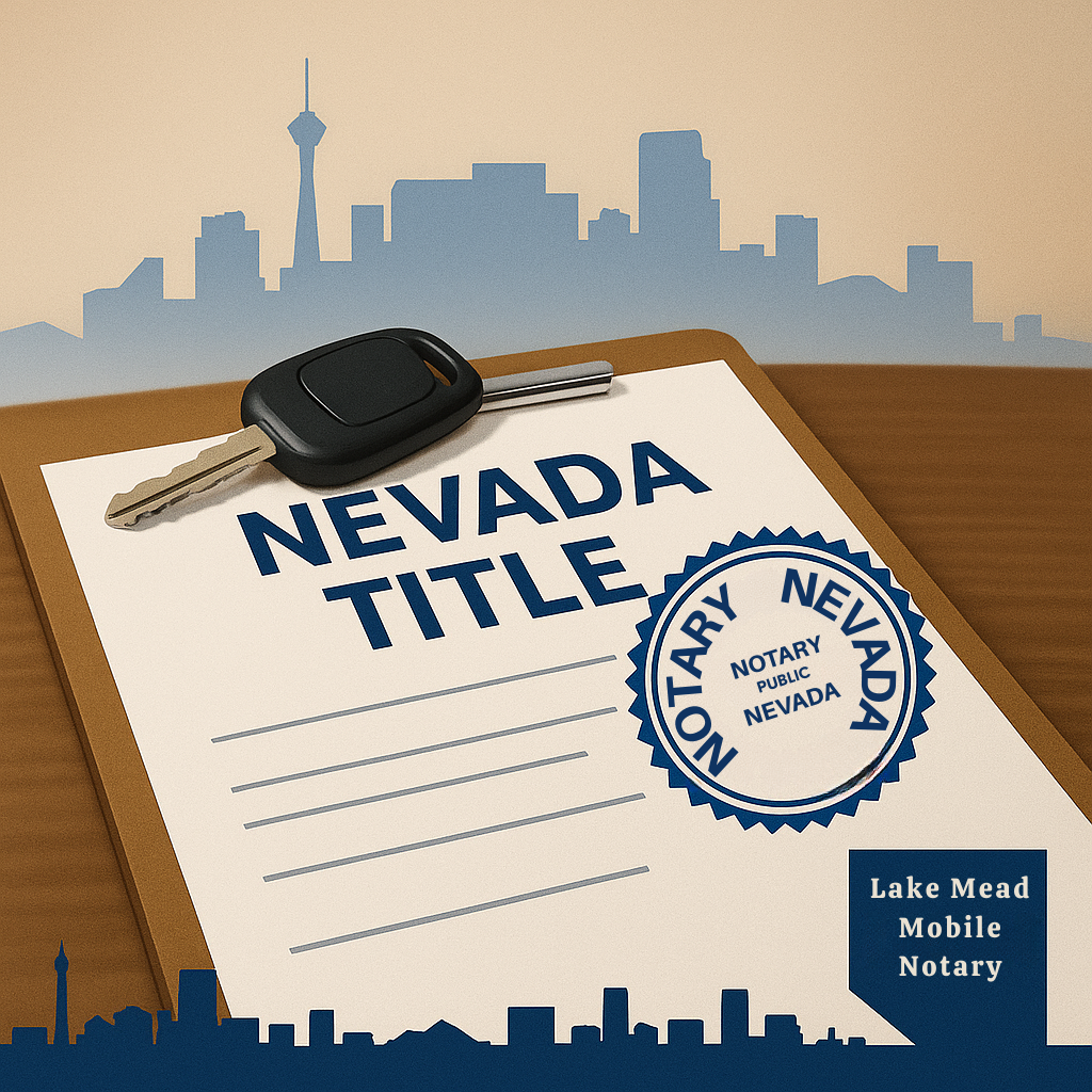 Nevada title document with car keys and blue notary seal; subtle Las Vegas skyline and Lake Mead Mobile Notary logo in corner.