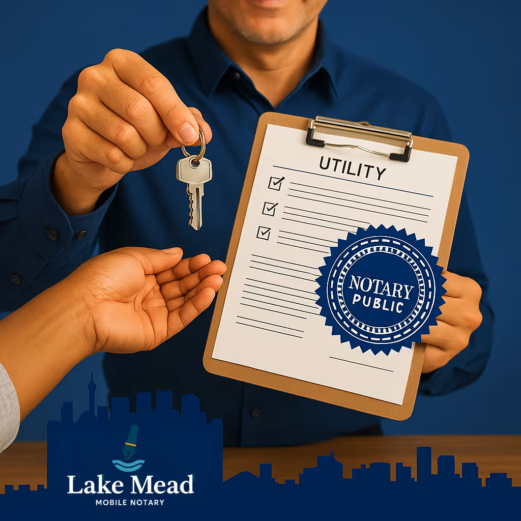 Landlord hands keys while showing utility forms on clipboard with blue notary seal; subtle Las Vegas skyline; Lake Mead Mobile Notary logo.