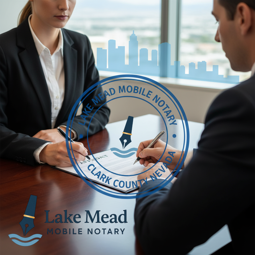 Two professionals sign documents at a conference table with large Lake Mead Mobile Notary seal overlay and Las Vegas skyline.