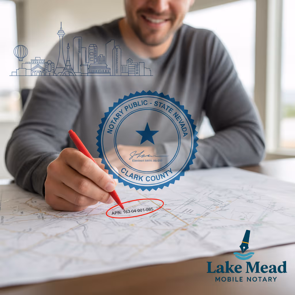 A man seated at a table, wearing a gray long-sleeved shirt, smiles down as he uses a red pen to circle a specific property on a parcel map. The circled text on the map reads "APN: 163-04-001-085". Overlaid on the image is a Lake Mead Mobile Notary logo.