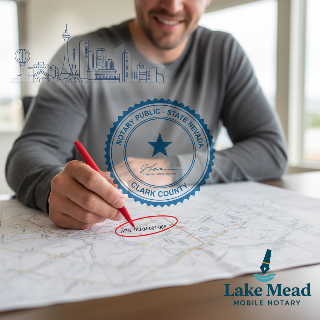A man seated at a table, wearing a gray long-sleeved shirt, smiles down as he uses a red pen to circle a specific property on a parcel map. The circled text on the map reads "APN: 163-04-001-085". Overlaid on the image is a Lake Mead Mobile Notary logo.