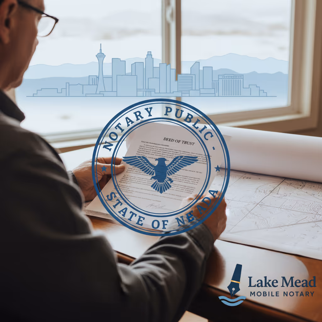A man in glasses reviews a document and a map. A blue notary public seal for the State of Nevada is superimposed over the document. In the background, a subtle blue line art of the Las Vegas skyline is visible through a window. The Lake Mead Mobile Notary