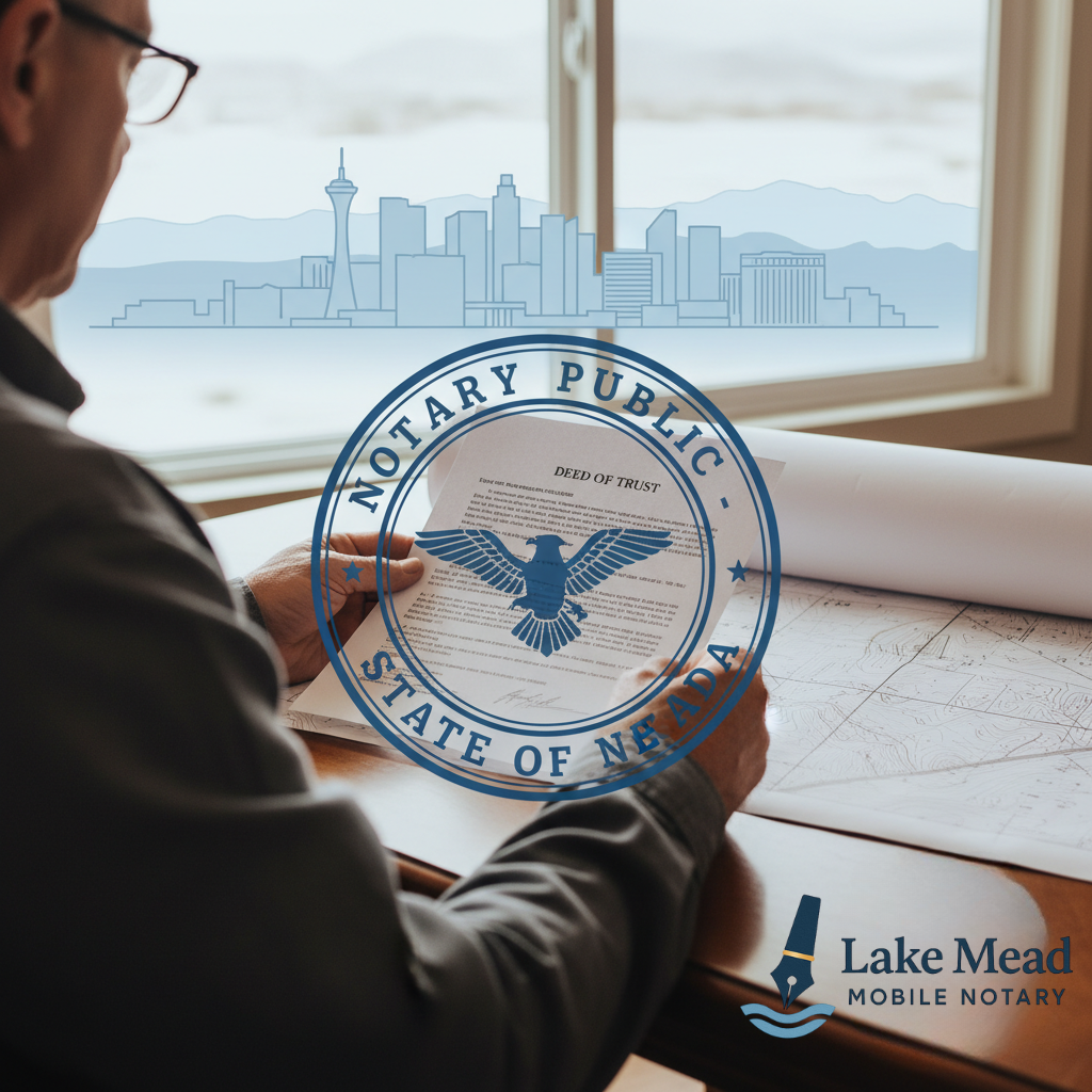 A man in glasses reviews a document and a map. A blue notary public seal for the State of Nevada is superimposed over the document. In the background, a subtle blue line art of the Las Vegas skyline is visible through a window. The Lake Mead Mobile Notary
