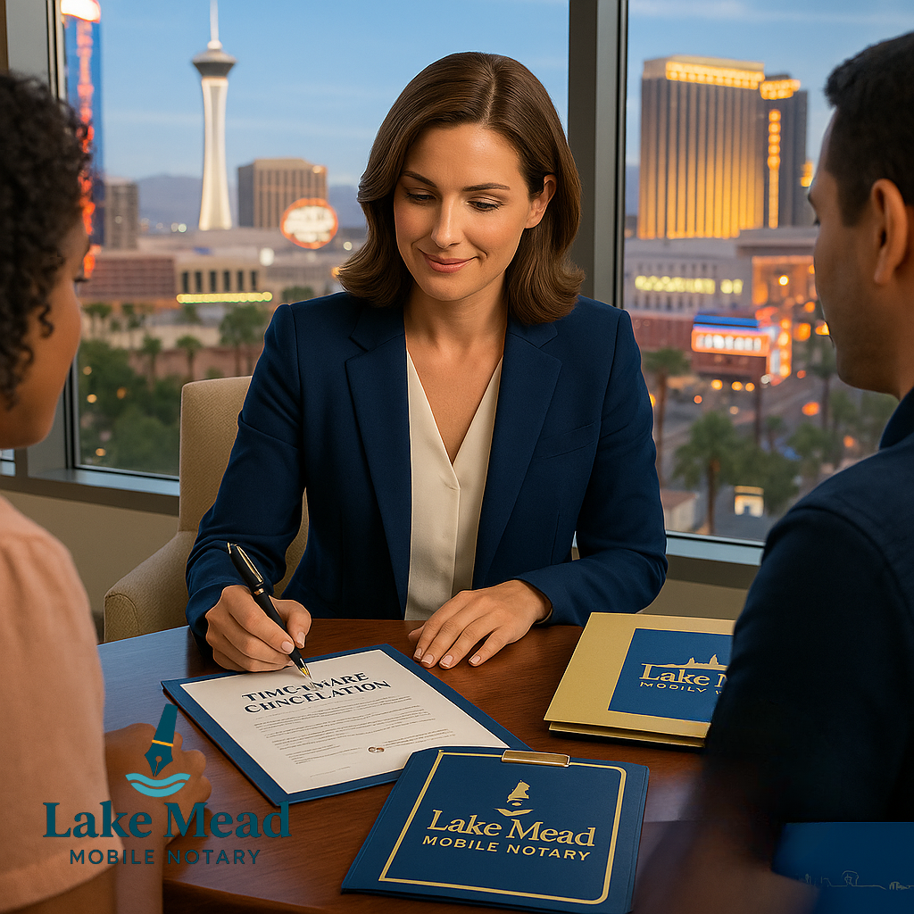 Professional mobile notary reviewing timeshare cancellation documents with clients at resort property, Las Vegas Strip visible in background, Lake Mead Mobile Notary branded materials