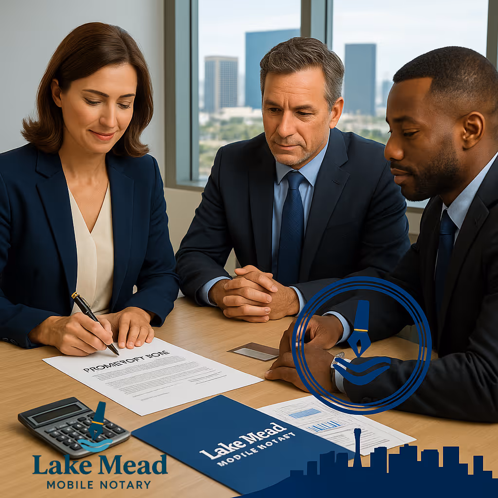 Professional mobile notary reviewing promissory note with two business professionals at modern office desk, financial documents and calculator visible, Lake Mead Mobile Notary branded materials