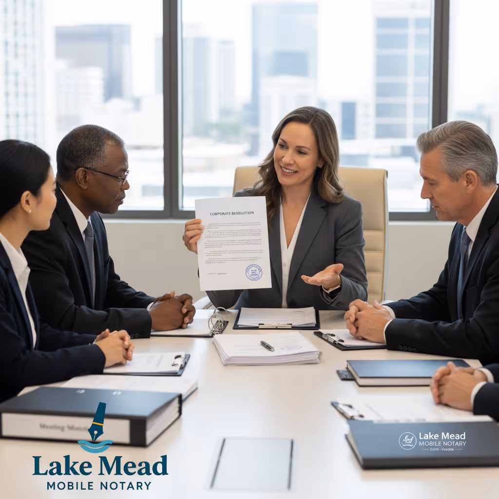 Professional corporate resolution notarization in Las Vegas for board actions, bylaw amendments, officer changes & shareholder meetings. Mobile service to offices, registered agents & banks throughout Clark County.