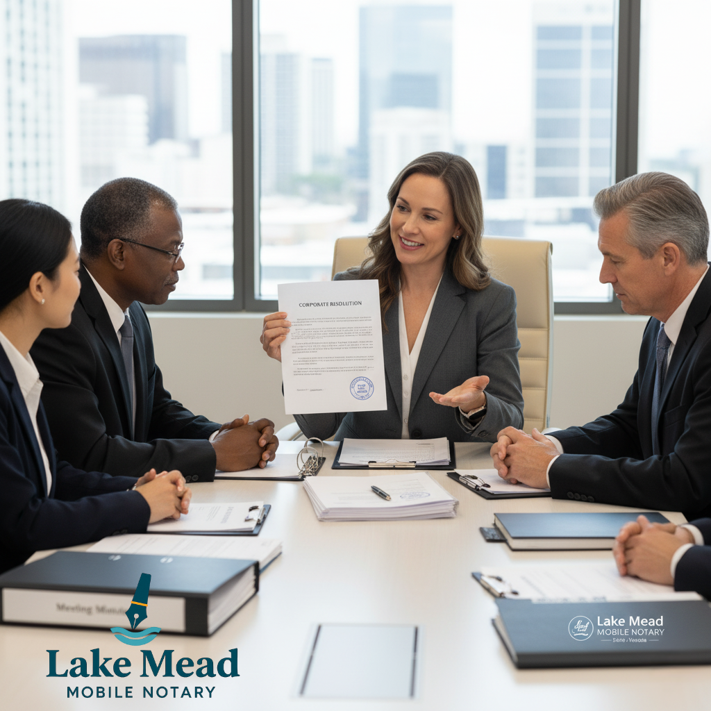 Professional corporate resolution notarization in Las Vegas for board actions, bylaw amendments, officer changes & shareholder meetings. Mobile service to offices, registered agents & banks throughout Clark County.