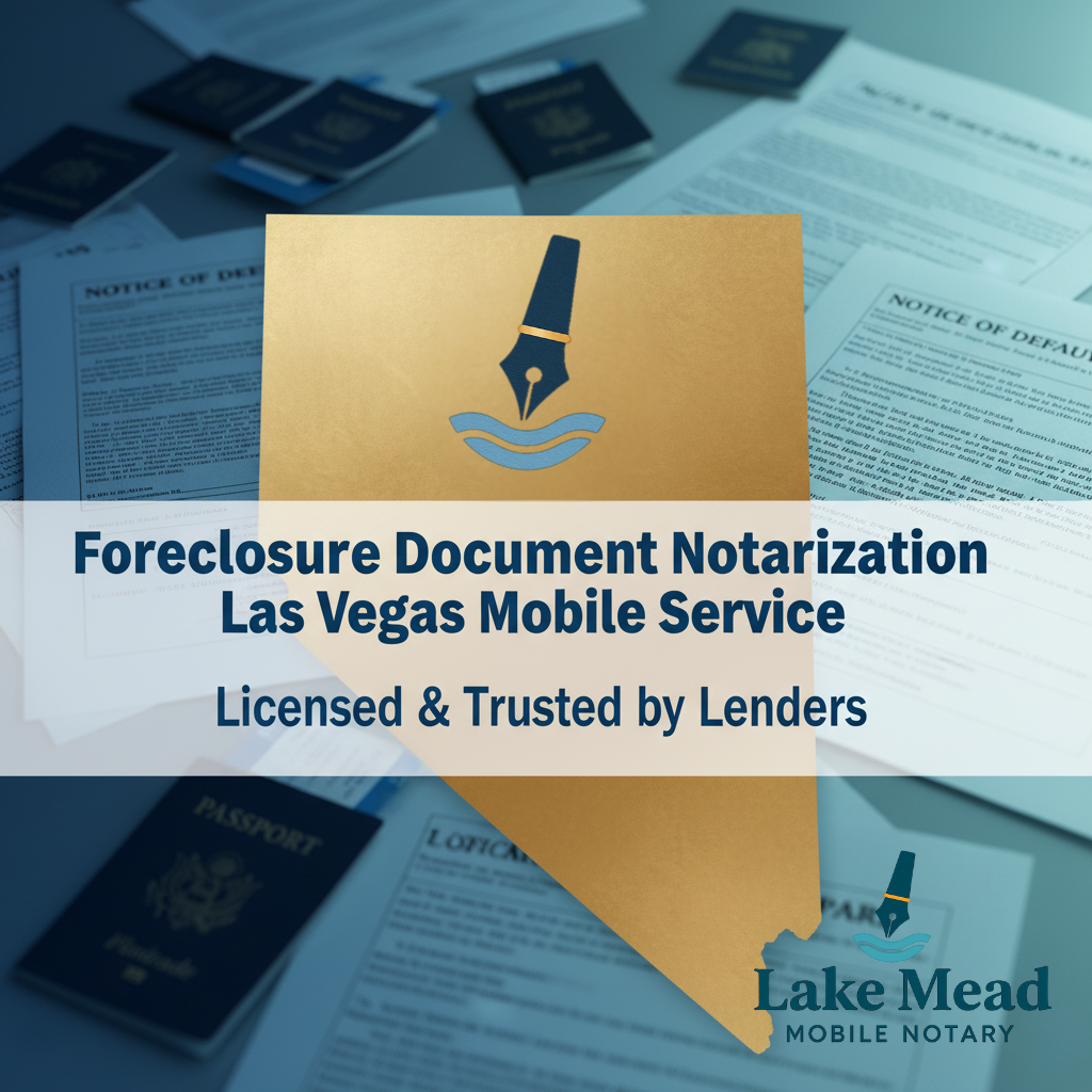 Lake Mead Mobile Notary logo with foreclosure documents, legal papers, and Nevada state outline. Blue and gold color scheme with text overlay: 'Foreclosure Document Notarization - Las Vegas Mobile Service - Licensed & Trusted by Lenders 